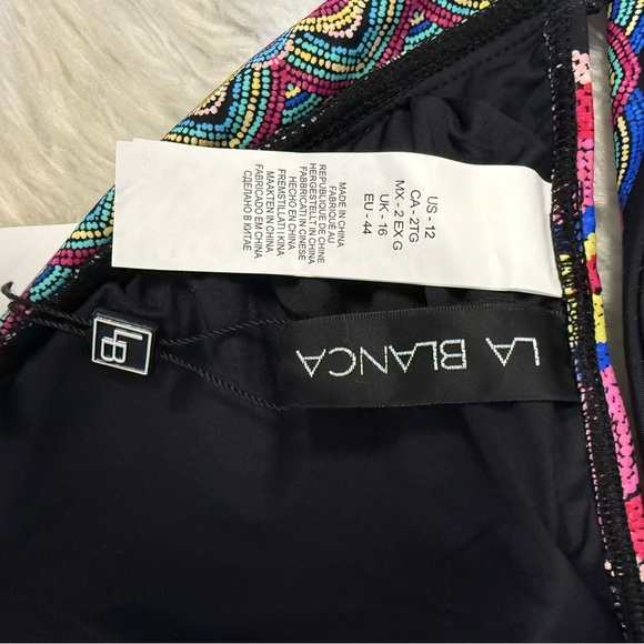 La Blanca Halter Bikini Top Black Multi Floral Embroidered Swimwear Size 12 NWT - Picture 4 of 6